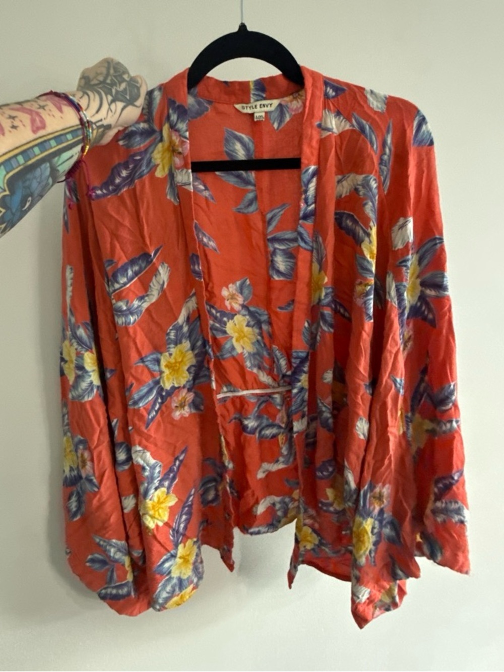 Style Envy Coral and Purple Floral Open Kimono